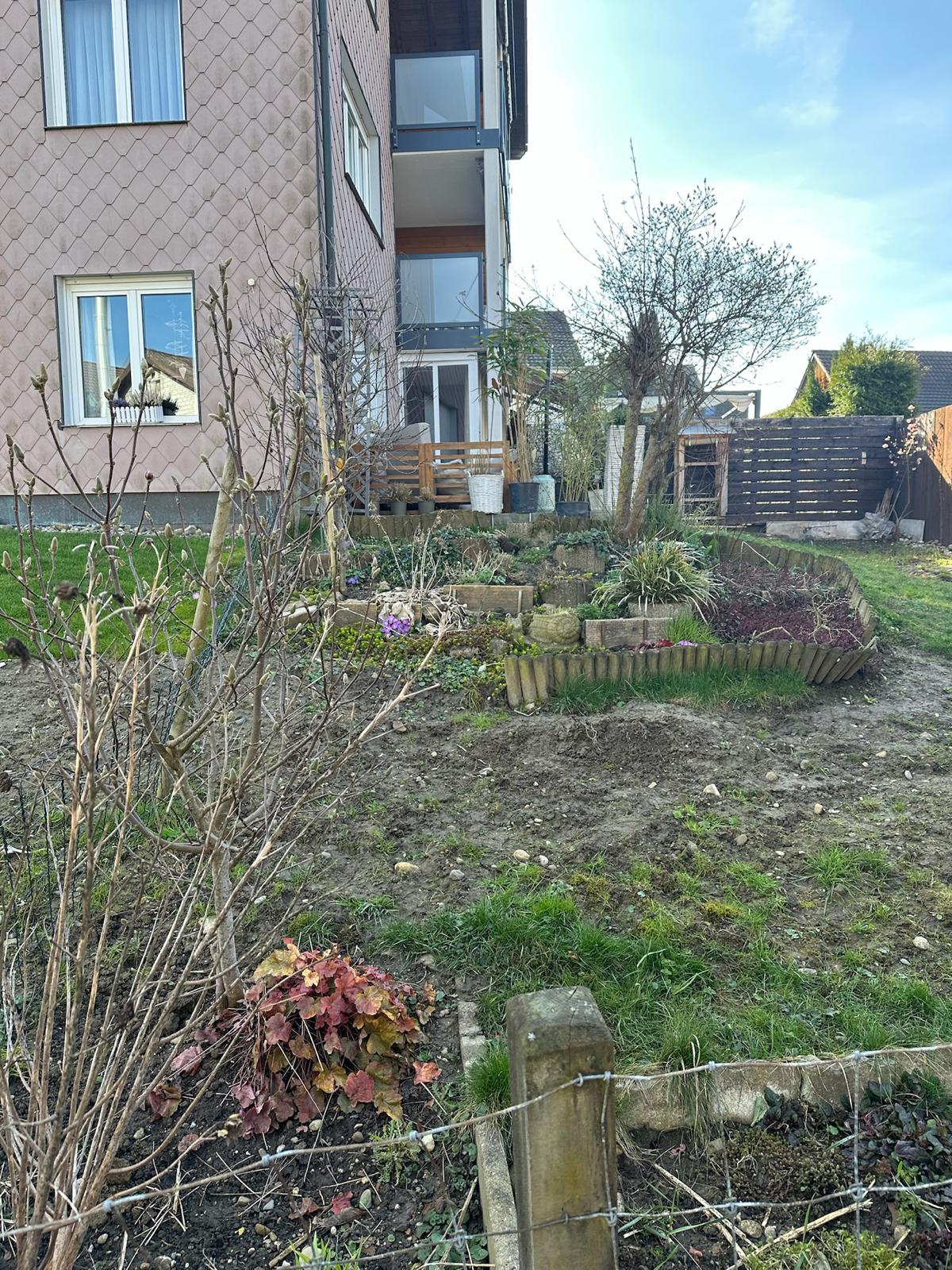 Garten vor dem Umbau mit bestehenden Beeten und unebenem Rasen